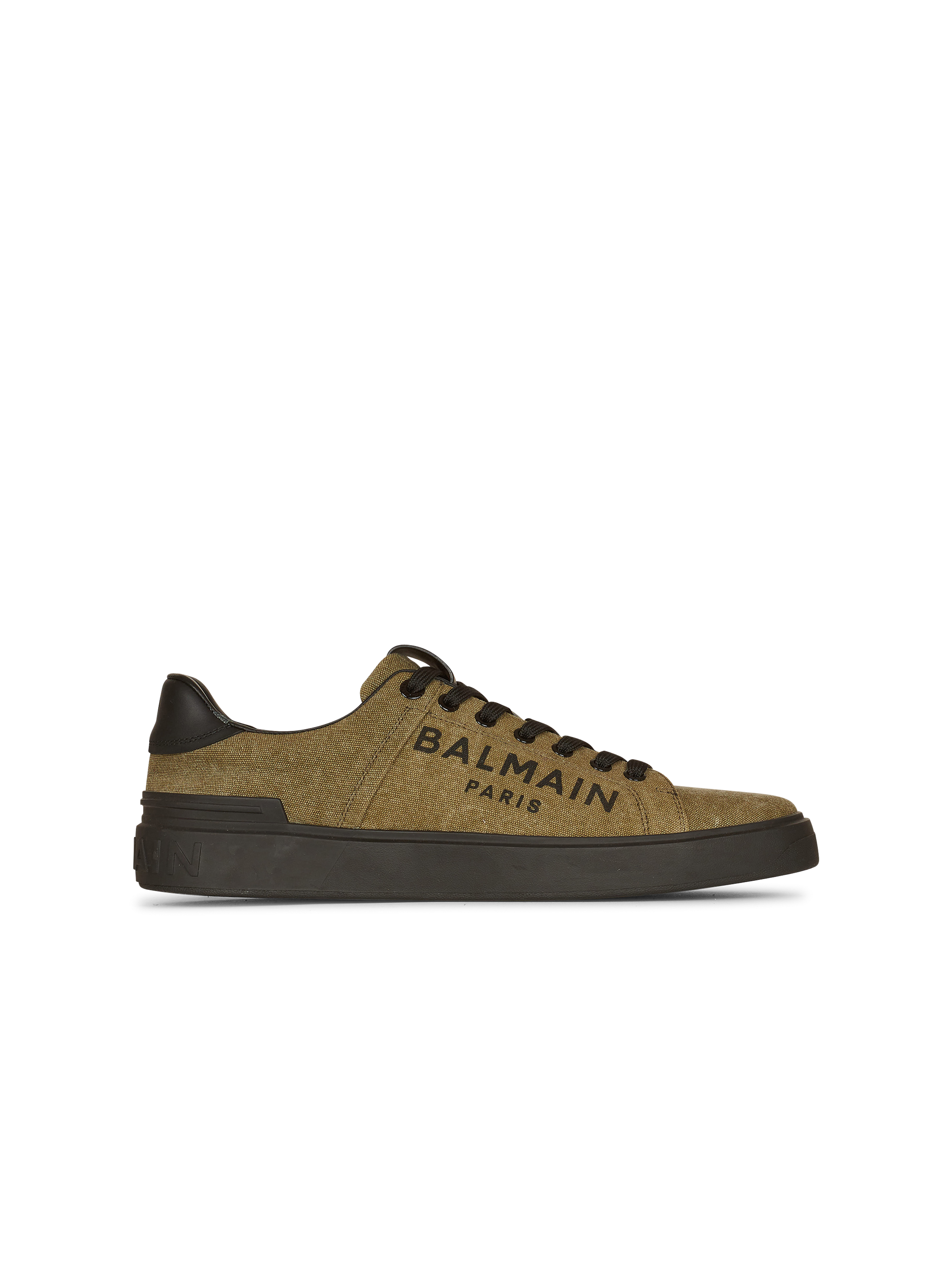Balmain logo print canvas B-Court sneakers, khaki