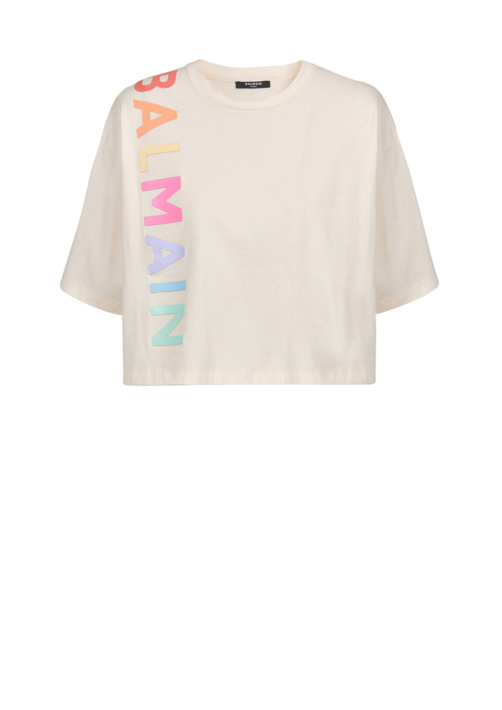 Cropped cotton Balmain logo T-shirt, beige, hi-res