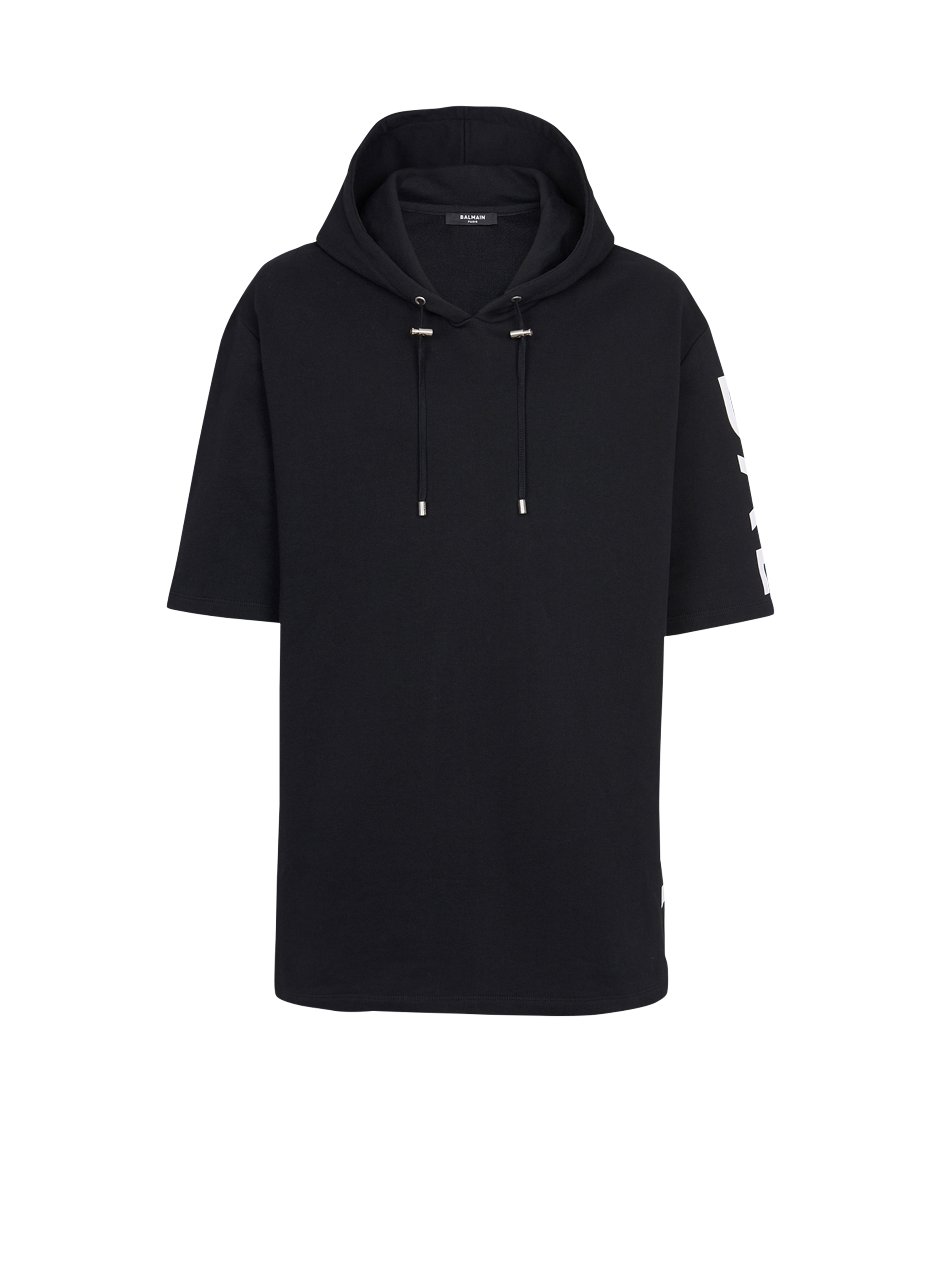Oversized eco-designed cotton hooded sweatshirt with Balmain logo print, black