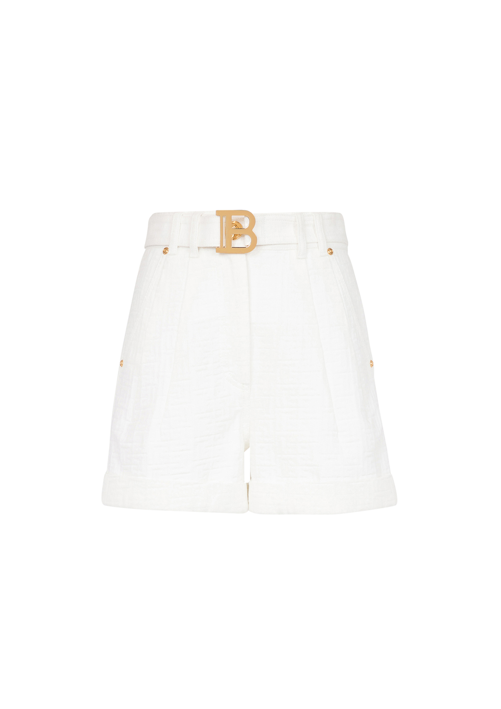 Denim high-waisted shorts with Balmain buckle, white, hi-res