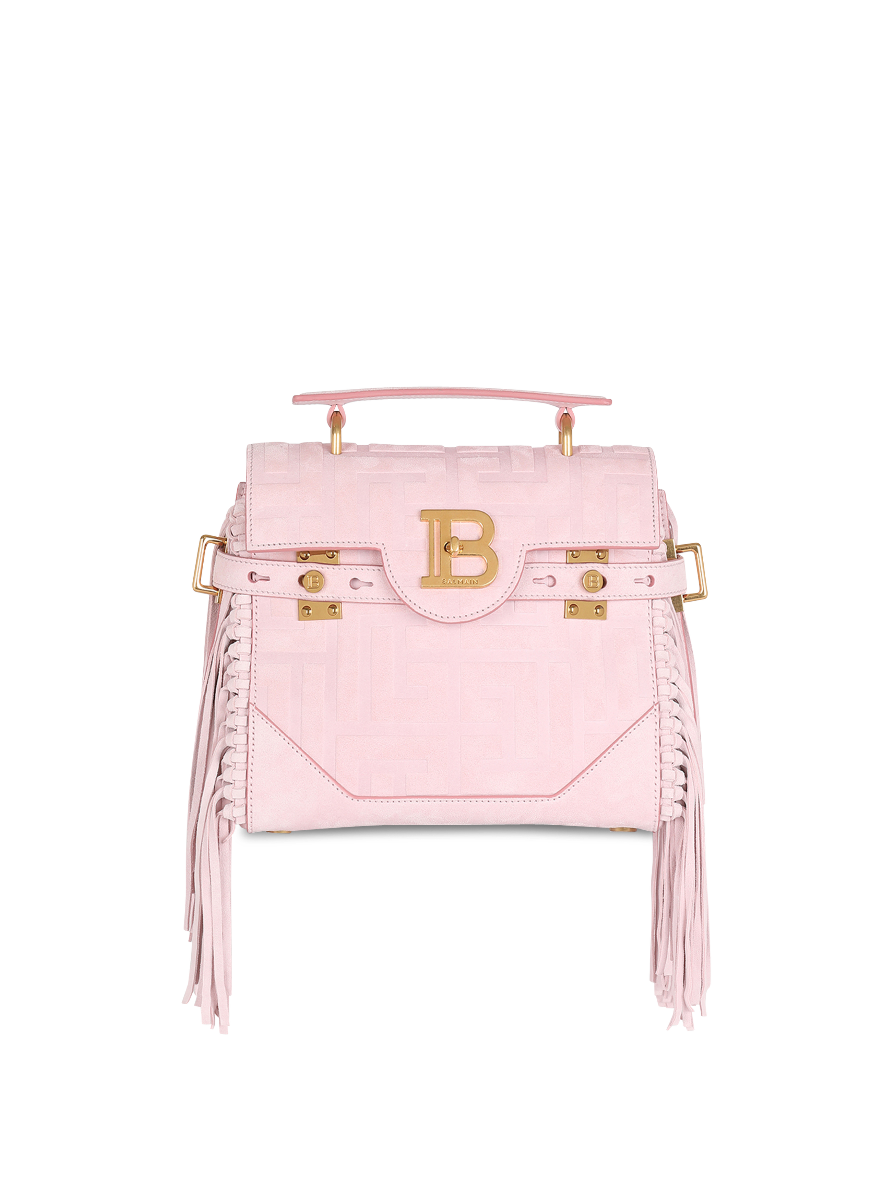 Pink embossed suede B-Buzz 23 bag with fringe, pink