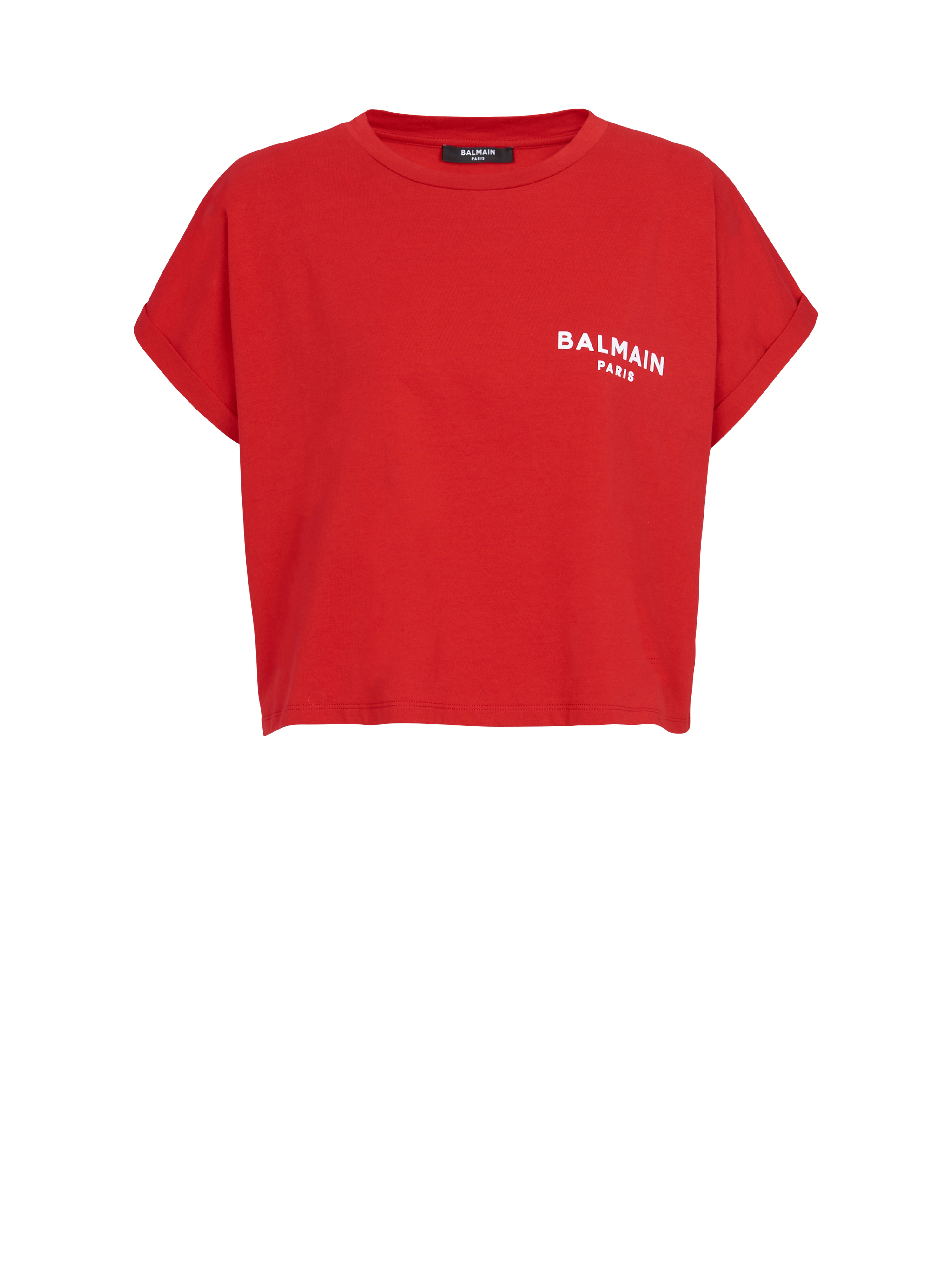 Cropped eco-designed cotton T-shirt with small flocked Balmain logo, red
