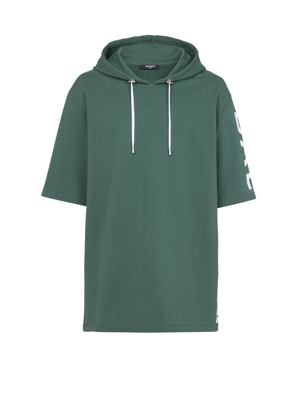Oversized eco-designed cotton hooded sweatshirt with Balmain logo print, green, hi-res