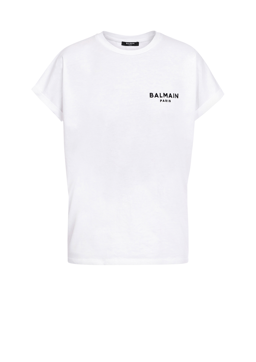 Eco-designed cotton T-shirt with small flocked Balmain logo, white, hi-res