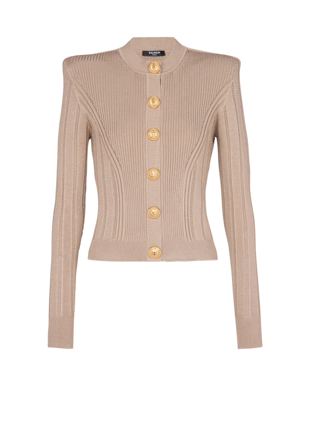 Knit cardigan with gold buttons, brown, hi-res