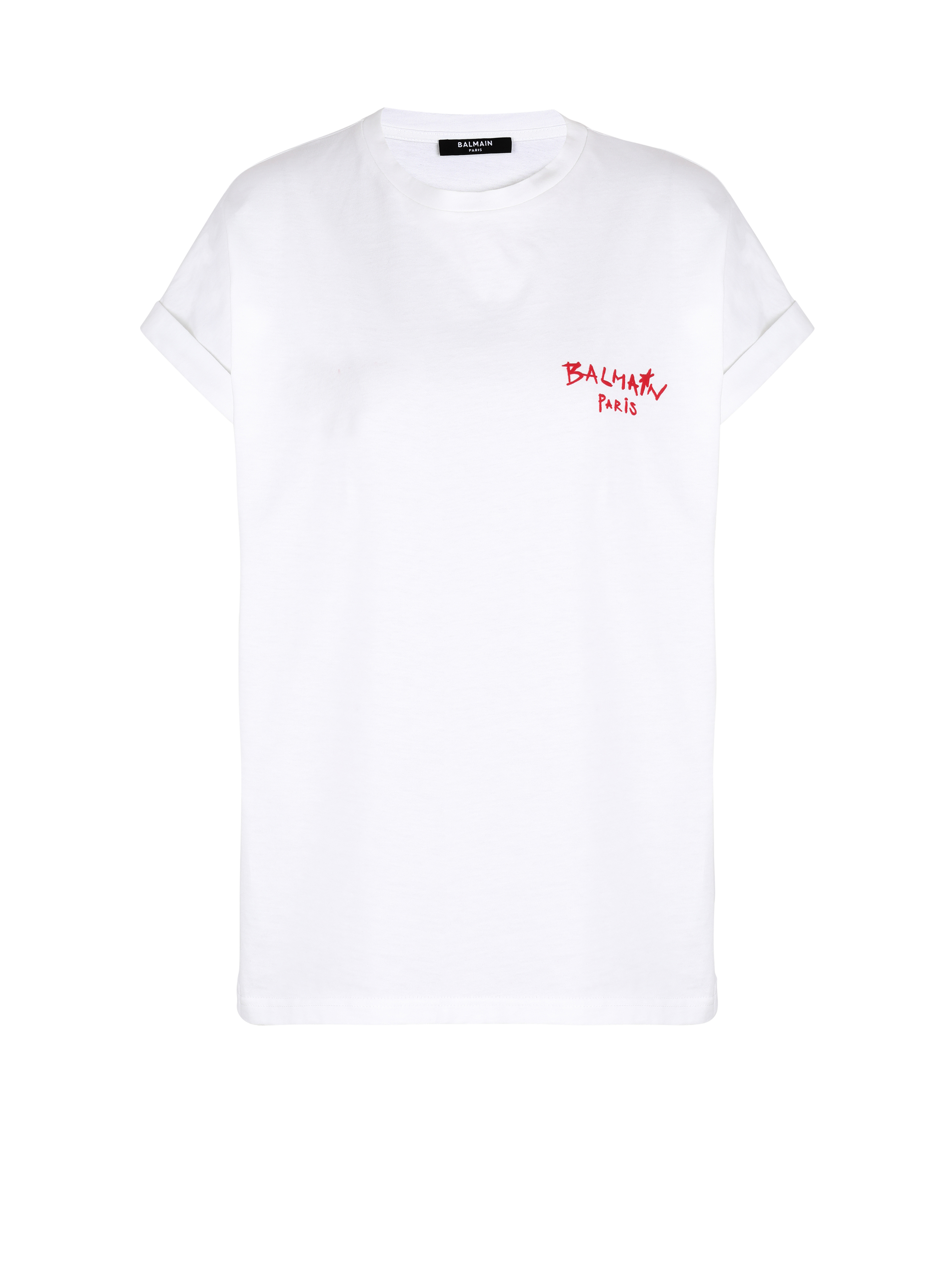 Cotton T-shirt with small flocked graffiti Balmain logo, white