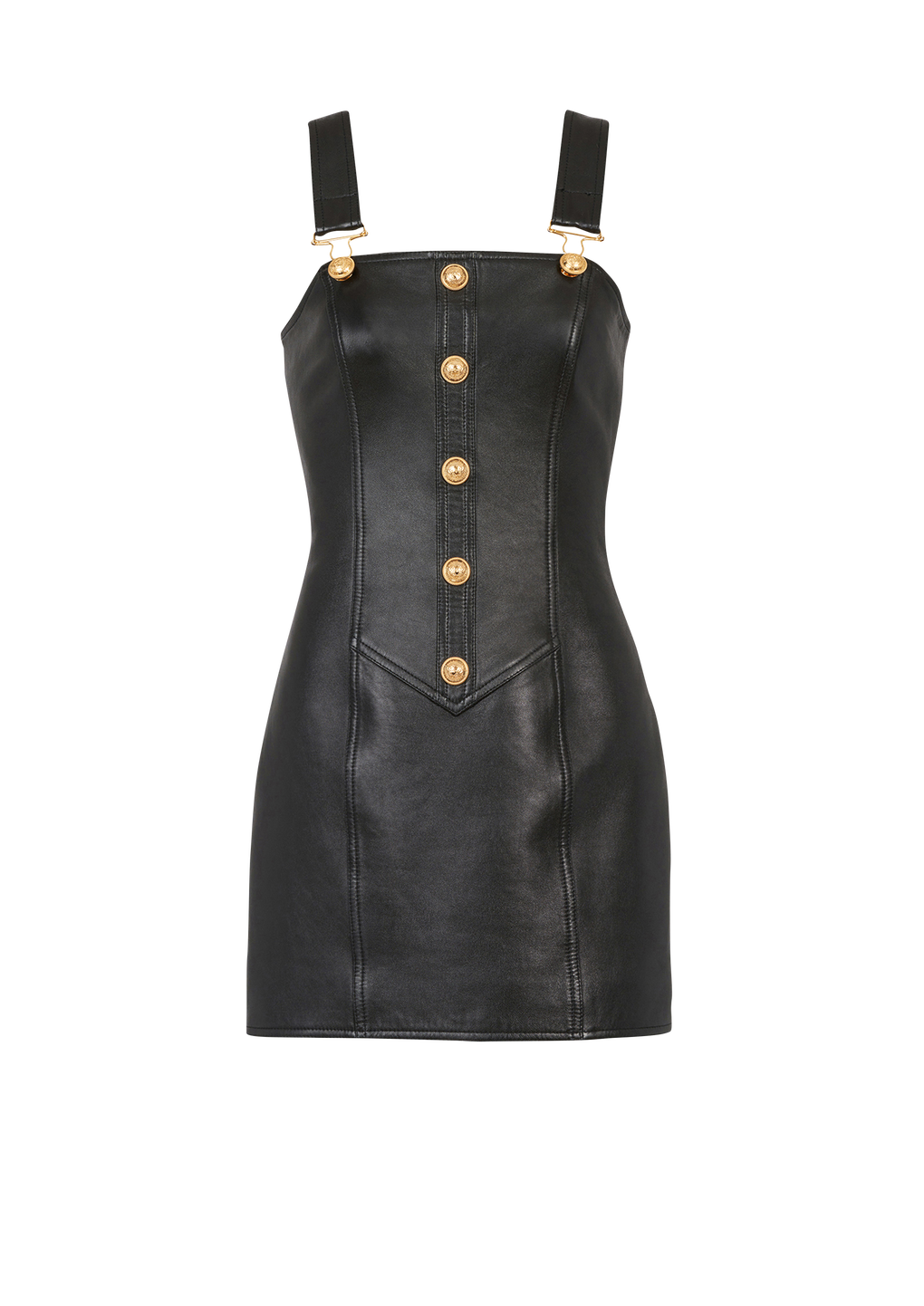 Short leather overall dress, black, hi-res