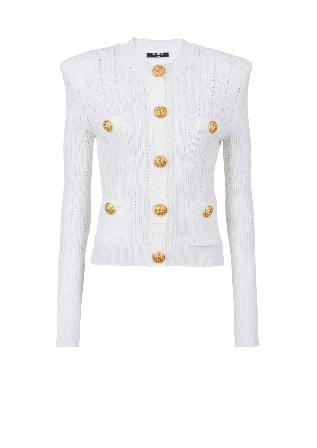Cropped eco-designed knit cardigan with gold-tone buttons, white, hi-res