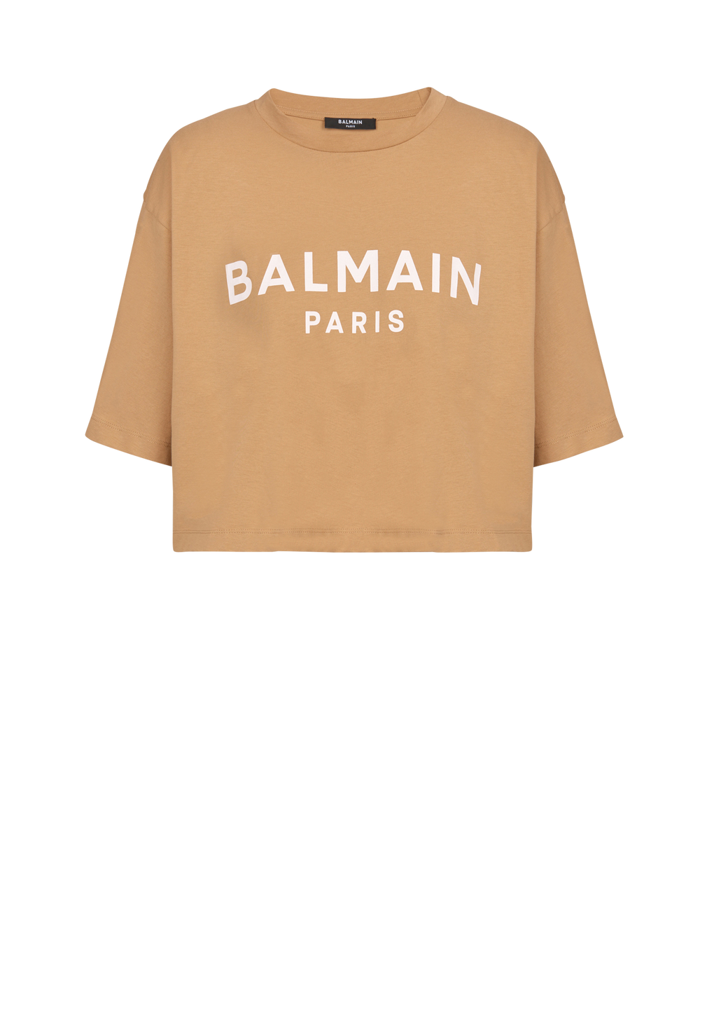 Cropped cotton Balmain logo T-shirt, brown, hi-res