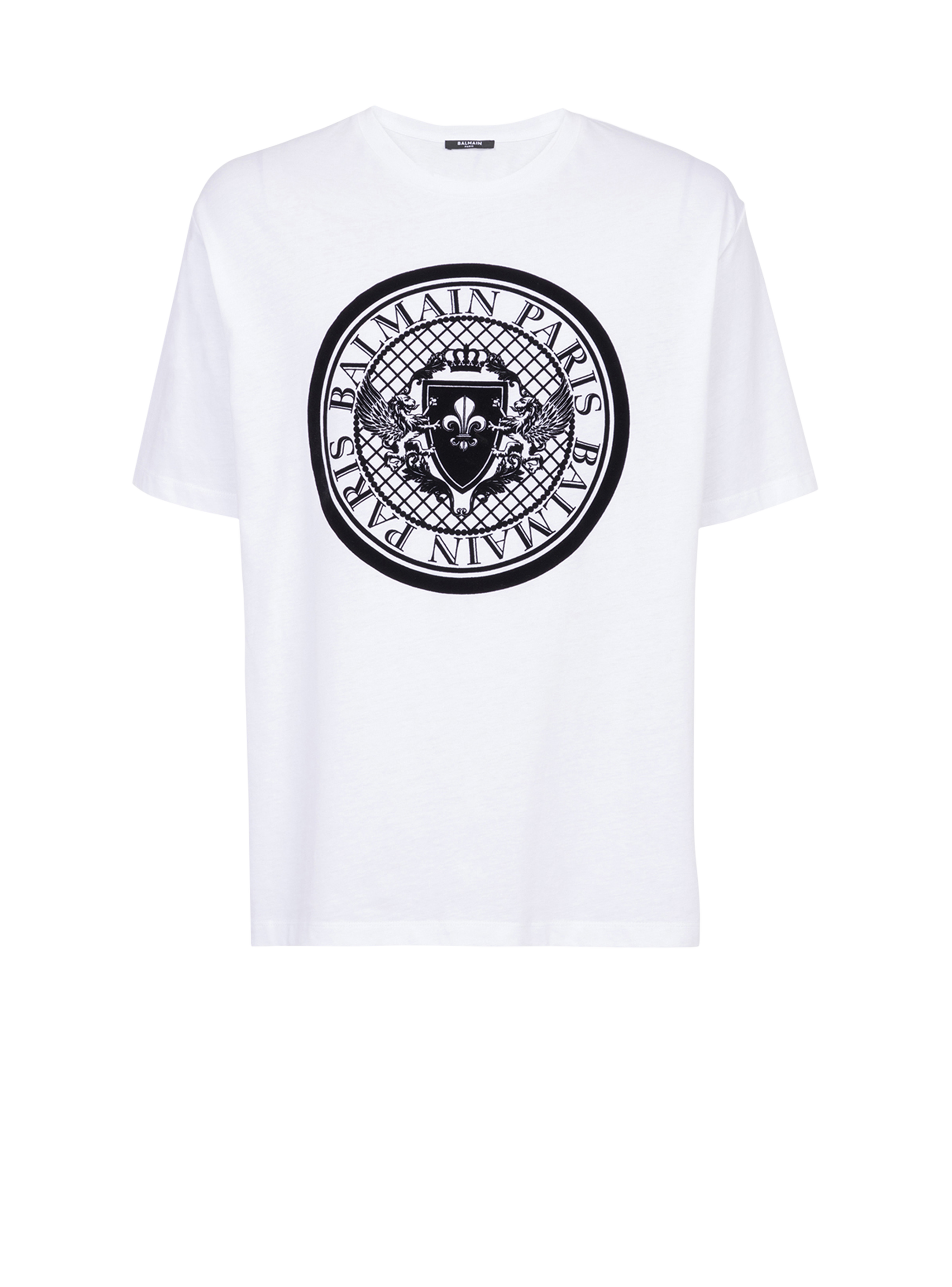 Cotton T-shirt with flocked Balmain medallion, white