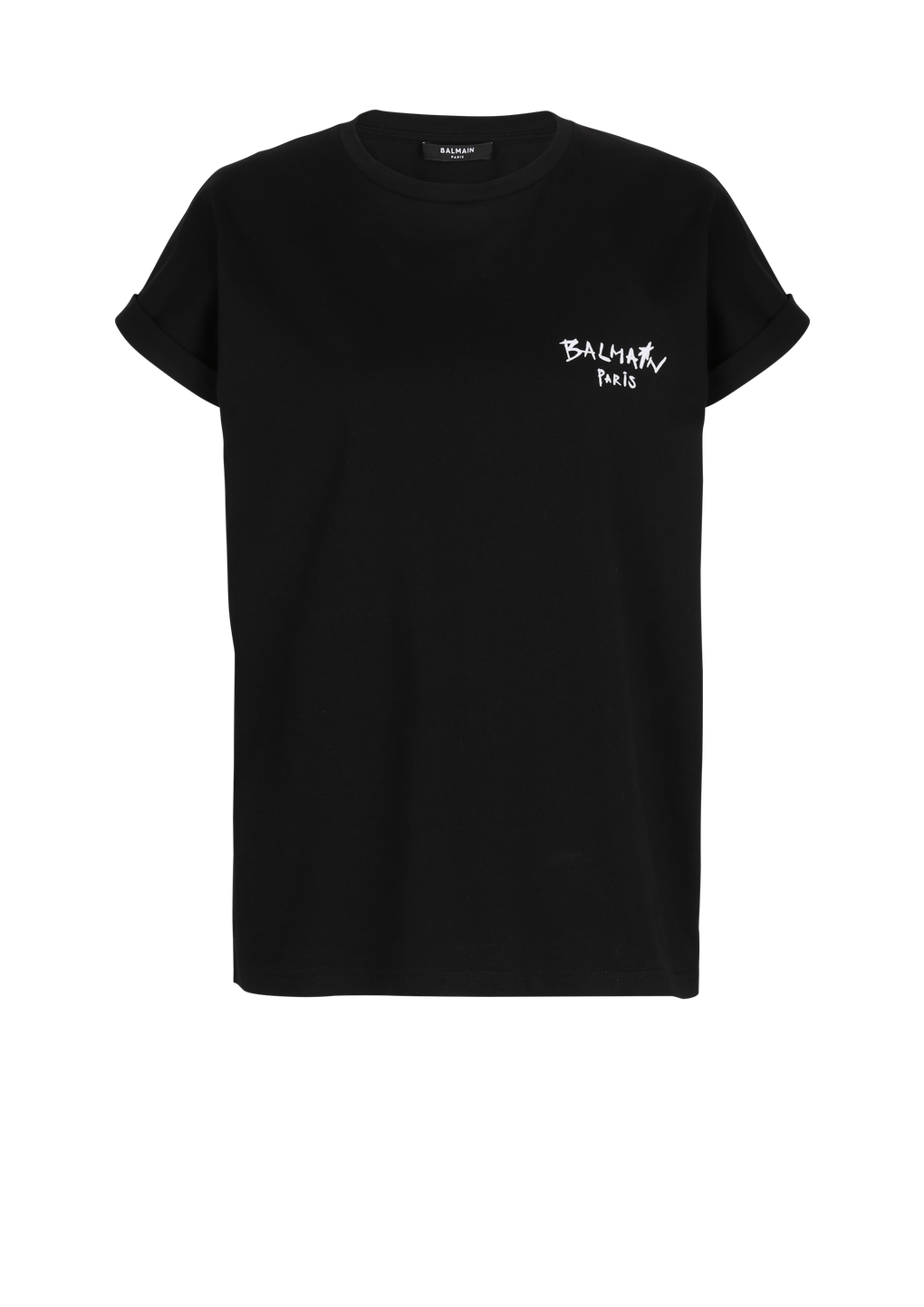 Cotton T-shirt with small flocked graffiti Balmain logo, black, hi-res